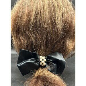 Vintage Black Bow Faux Pearl Silvertone Beads Hair Barrett Length 5.75 Inches